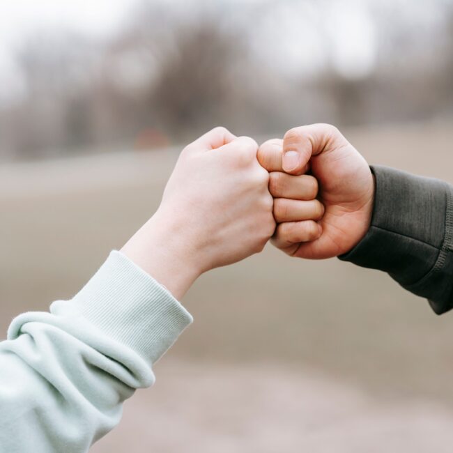 Crop anonymous cheerful woman and man giving fist bump to each other on blurred background of park